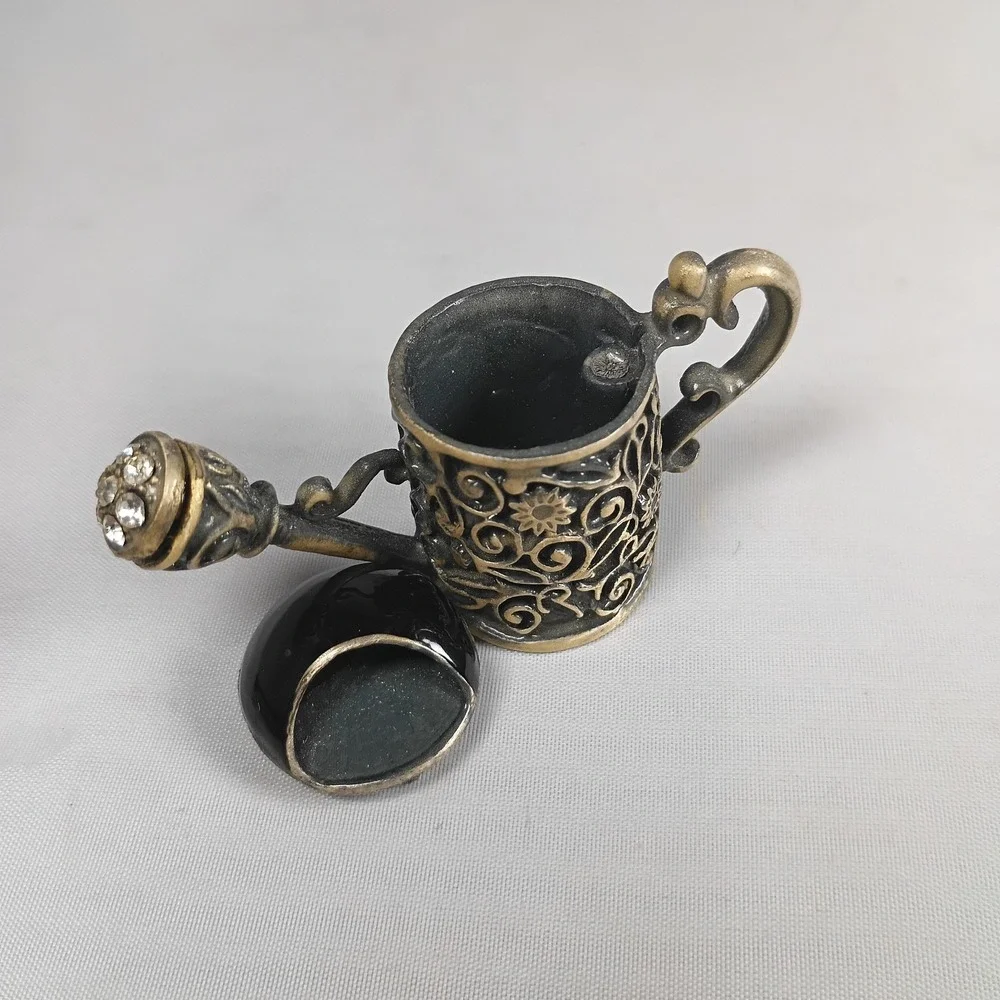 Watering Can Trinket Box Black Rhinestones Flowers, Vintage Metal Heavy Charm